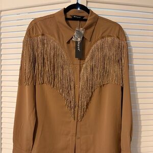 Allegra K Brown Fringe Button-Down Shirt